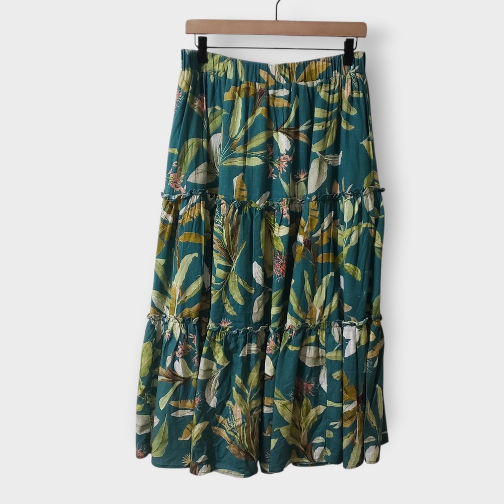 o.p.t Green Tropical Floral Tiered Maxi Skirt XL Rayon Linen Blend Lined Boho